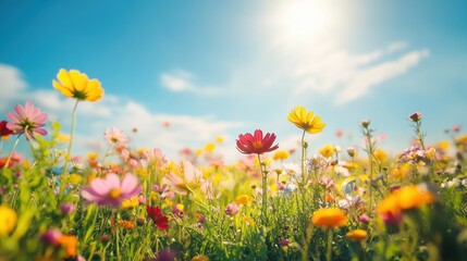 Fototapeta premium A panoramic field of multicolored wildflowers under a bright spring sun, with a gentle breeze creating waves of color across the blossoms