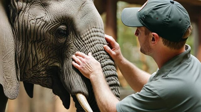 animal care worker Petting an elephant With care at the zoo