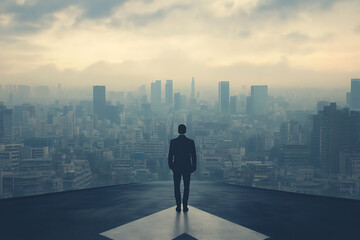 Fototapeta premium A lone businessman stands at a crossroads, gazing upon a sprawling cityscape, symbolizing ambition, opportunity, and the pursuit of success in the urban jungle.