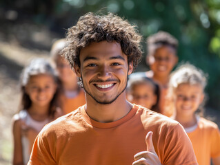 young physical education teacher smiling with children in background