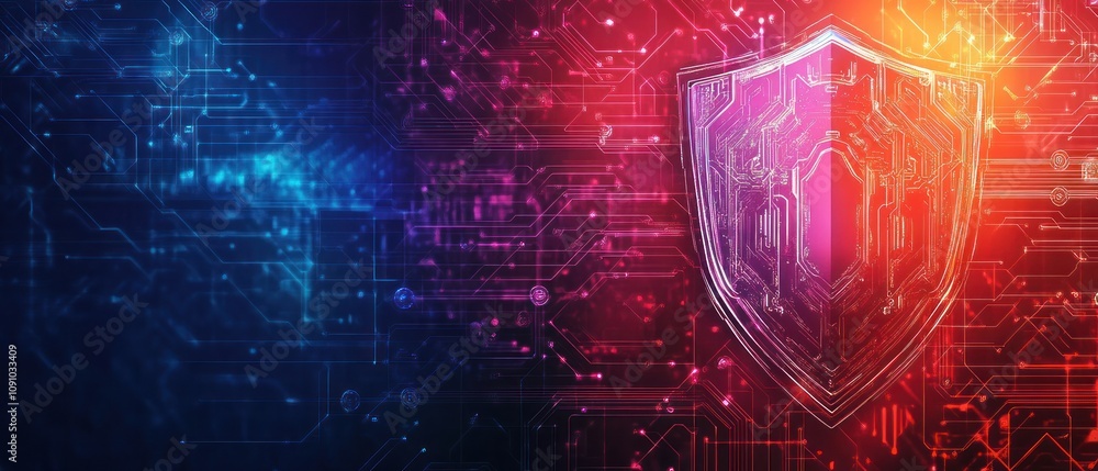 Poster digital shield symbolizing cybersecurity on a vibrant tech background.