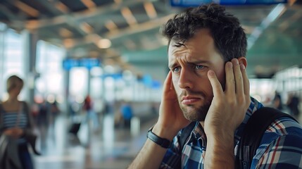 A distressed man at an airport, covering his ears, possibly overwhelmed by noise or stress.