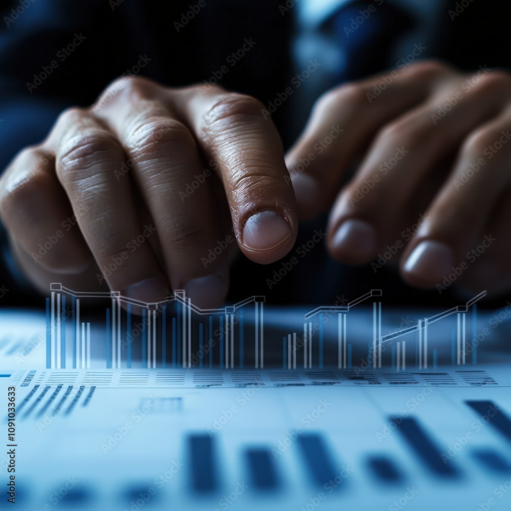 Poster a close-up of a person's hands typing on a keyboard, overlaid with data visualizations and graphs, s