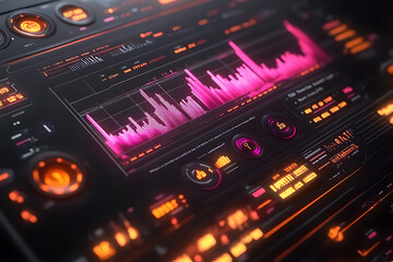 Obraz premium Futuristic Tech Interface: Neon Cyberpunk Dashboard Display. Sci-fi Digital Screen with Pink and Orange Hues. Abstract Graphic Design, Modern UI UX