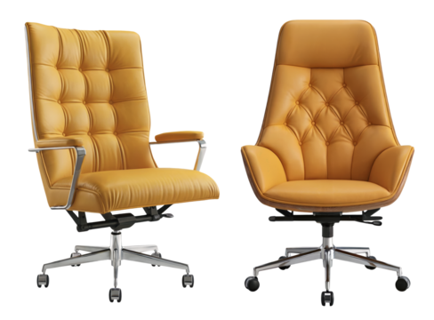 Yellow tufted ergonomic office chairs with padded upholstery, polished metal frames, swivel functionality, transparent PNG bold design for modern professional settings