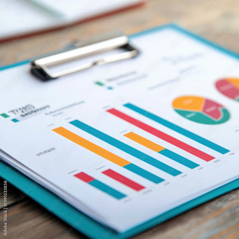 Poster a clipboard displays colorful charts and graphs, showcasing data analysis on a wooden surface.