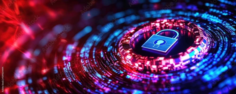 Poster a vibrant, digital representation of a padlock surrounded by swirling lights, symbolizing cybersecur