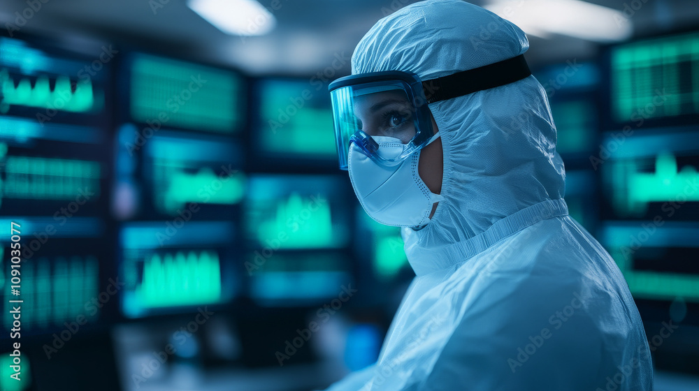 Poster focused on the data: a scientist in protective gear intently analyzes data streams on a wall of moni