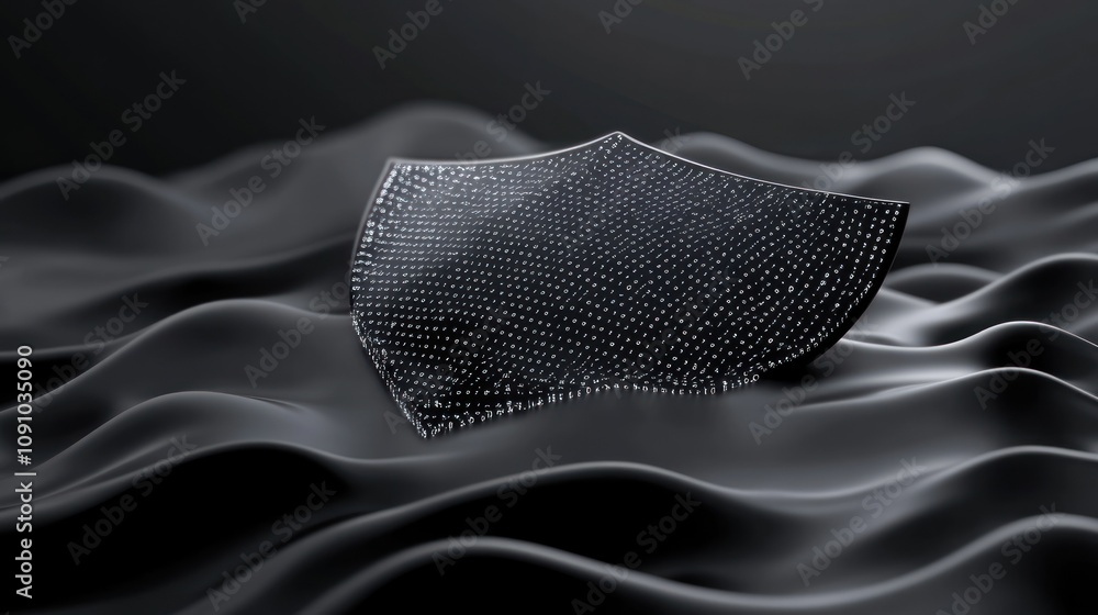 Poster a stylized black shield resting on textured waves, symbolizing protection and strength.