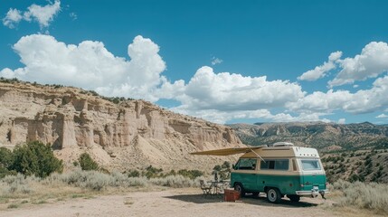 A vintage camper van parked in a scenic landscape, perfect for outdoor adventures.