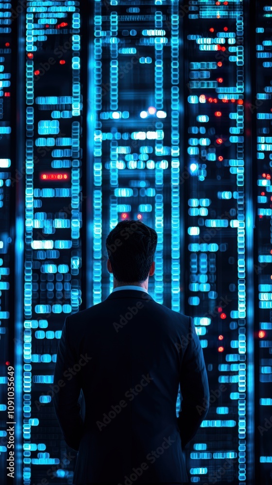 Poster a person in a suit stands before a futuristic digital display filled with glowing data streams, symb