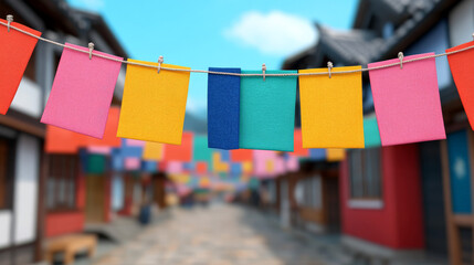 Colorful Celebration Street: A vibrant array of flags strung across a cobblestone street, creating a festive atmosphere. The colors are bold and cheerful.