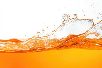 clean orange water surface with splash, ripple and air bubbles on white background