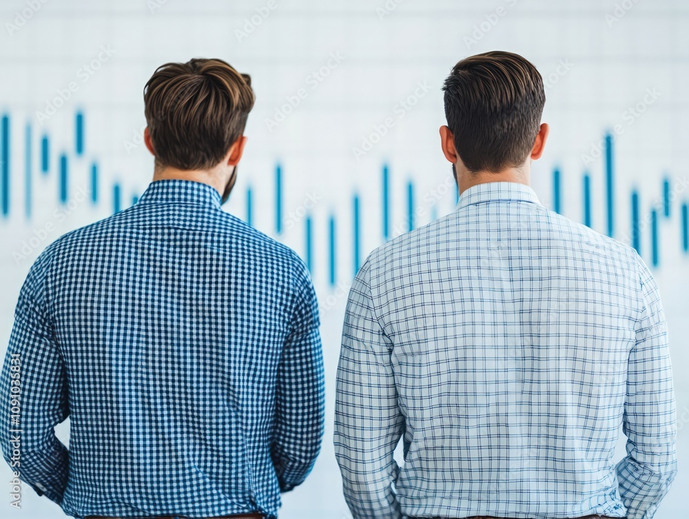 Poster two men in checked shirts observe a financial chart, symbolizing analysis and decision-making in bus