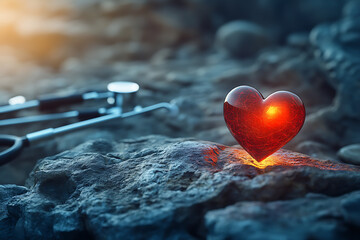 Fototapeta premium Glowing Heart on Rocks: A Symbol of Love, Care, and Hope. A powerful image representing intense emotions and the strength of the human spirit.