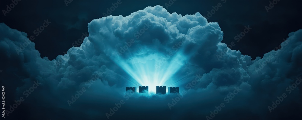 Poster A mystical scene featuring glowing light beams emerging from behind clouds, creating an atmospheric and enchanting effect.