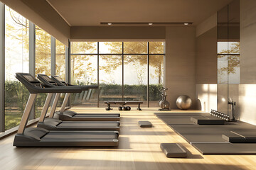 Fototapeta premium Modern Gym Interior Design: Fitness and Wellness Center with Natural Light