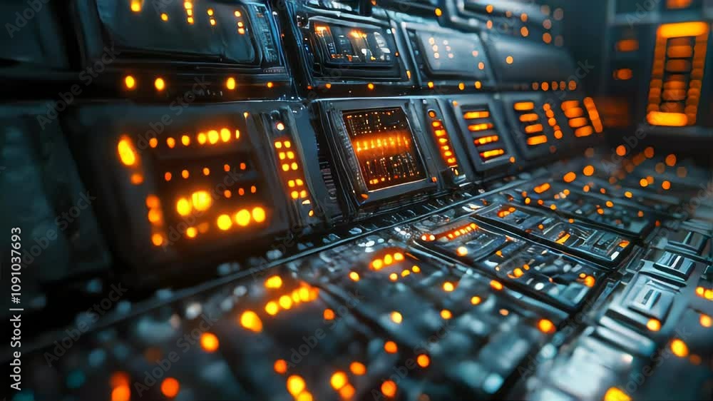 Poster close-up of a futuristic data server with bright orange led indicators. the image highlights the tec