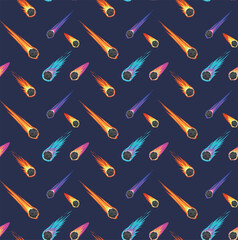 Seamless pattern with space meteors, comets and asteroids with fire trails 