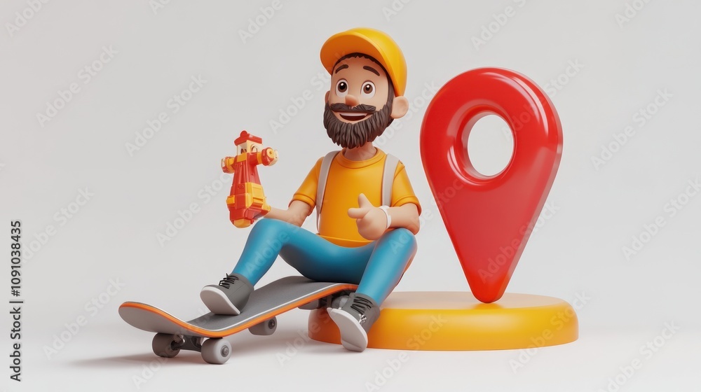 Poster a cheerful cartoon character with a skateboard and a location pin, symbolizing fun and navigation.