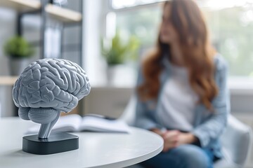 Close-up of a brain model on a desk in a consultation room with a patient in the background, symbolizing mental health and neuroscience discussion