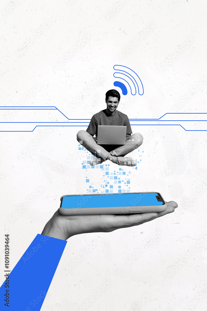 Poster composite trend artwork sketch image photo collage of cyberspace internet hacker young man sit work 