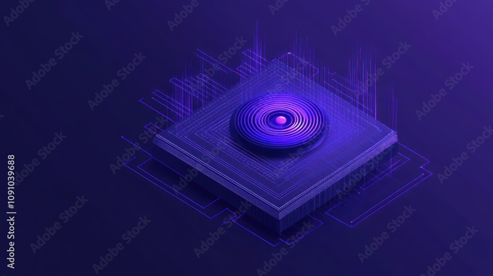 Aufkleber Abstract illustration of a digital chip with concentric patterns and data flow.