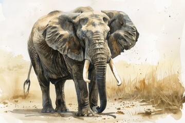 Fototapeta premium Watercolor of a strong and dominant elephant bull in the savannah