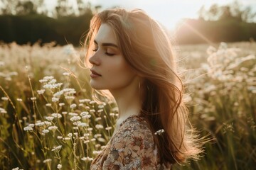 Woman standing in a sunlit field of wildflowers wind tousling her hair gently.