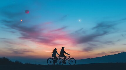 Fototapeta premium A couple biking under a twilight sky with colorful planetary bodies above, the scene bathed in hues of pink and blue, evoking romance and fantasy