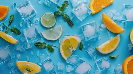 Refreshing Ice Cubes on Blue Background - a cool and invigorating summer visual. The vibrant blue backdrop enhances the refreshing appeal of the scene.
