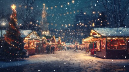 Festive holiday market at night with lights and snowfall
