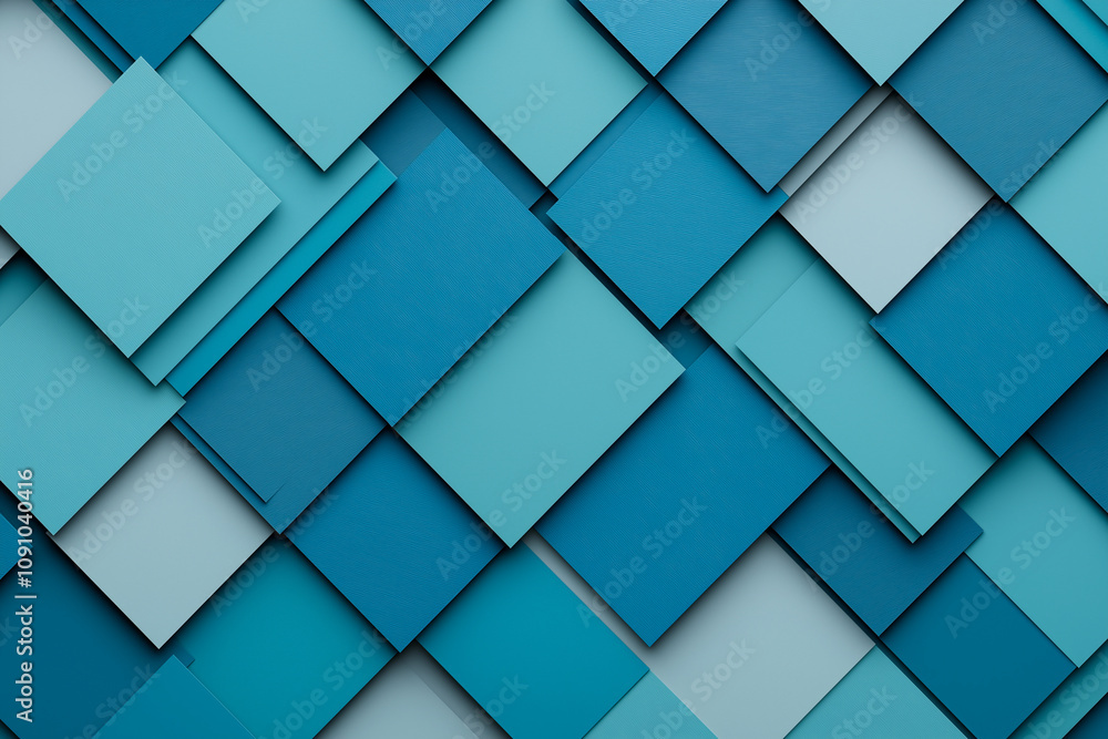 Poster blue and teal geometric paper background with overlapping squares creating modern, abstract pattern.
