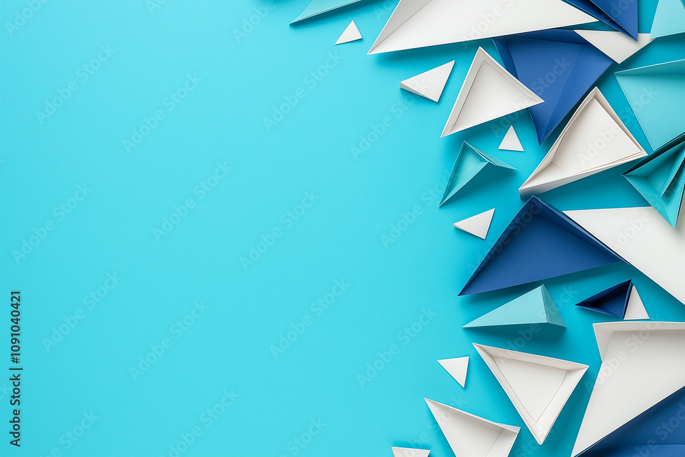 Poster geometric paper shapes in blue and teal tones create dynamic abstract background