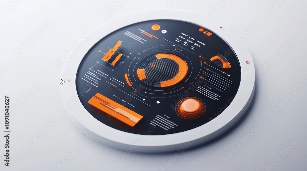 Aufkleber A sleek, circular data dashboard displaying analytics and metrics in orange and black tones.