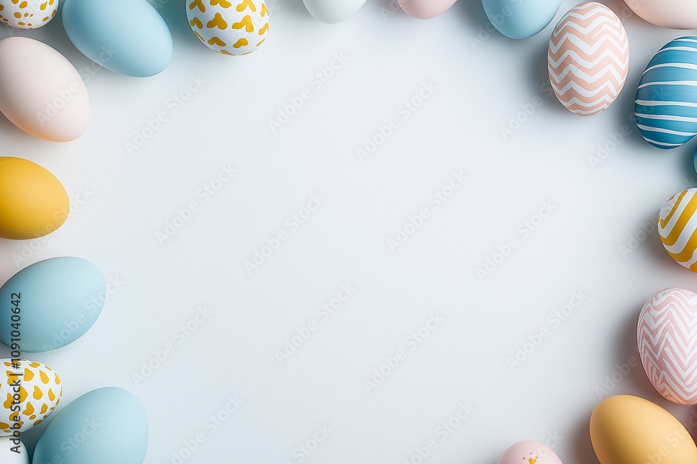 Poster colorful easter eggs with patterns form festive border on white background, creating cheerful and vi