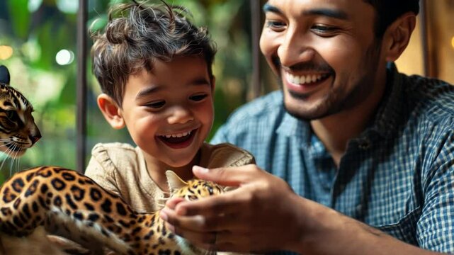 A man and a child are playing with a leopard at a zoo