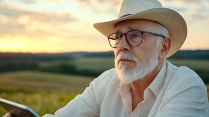 Fototapeta premium Elderly farmer with tablet monitors crops at sunset, wearing hat