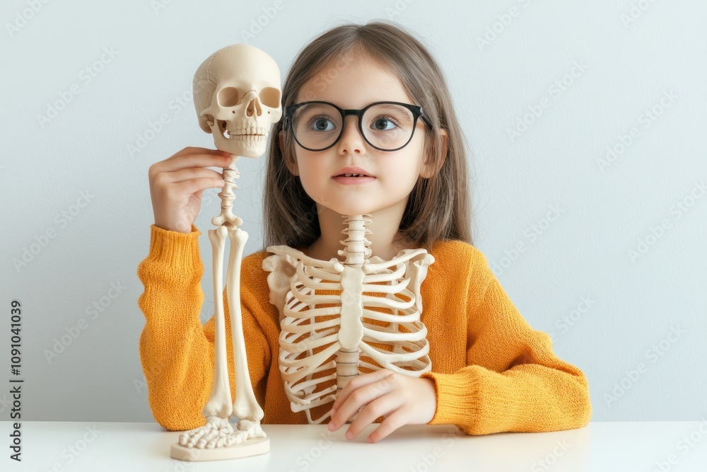 Aufkleber a child examines a small skeleton model, showing curiosity about anatomy and science.