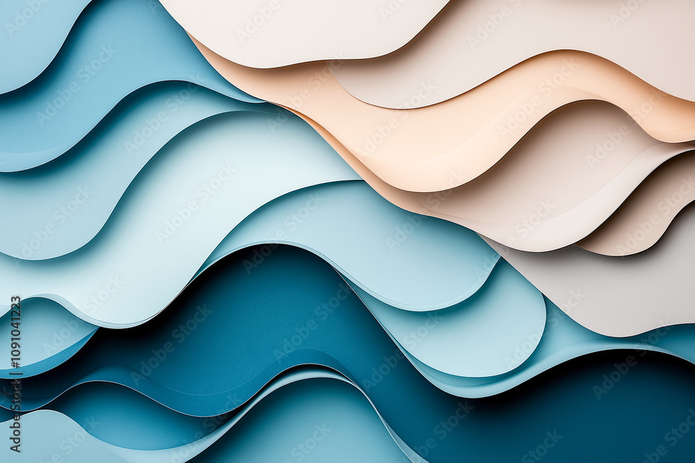Poster abstract layered waves in blue and teal tones create soothing and modern design. overlapping curves 