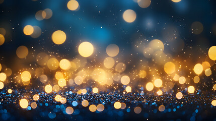Glittering gold and blue bokeh lights on dark background.