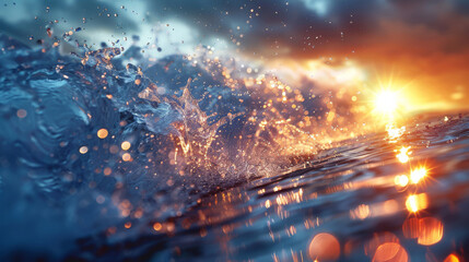 Obraz premium Splashes of water in golden sunset reflecting vibrant light and movement of waves