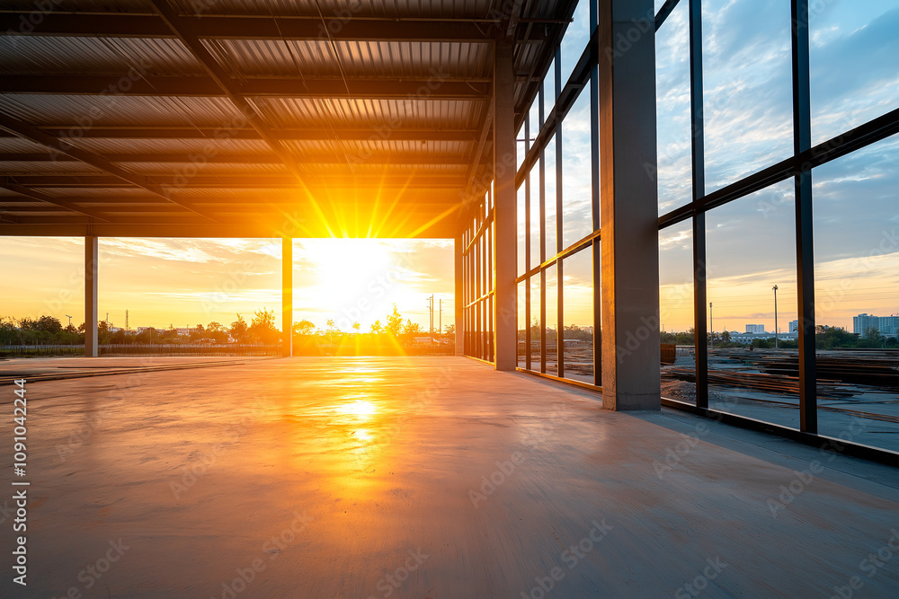 Poster sunset light streaming through windows of construction site creates warm and inviting atmosphere, hi