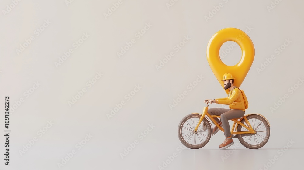 Poster a 3d illustration of a cyclist with a location pin, symbolizing delivery or navigation.