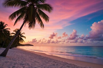 Fototapeta premium Tropical Sunrise Over Sandy Beach with Coconut Trees in Paradise