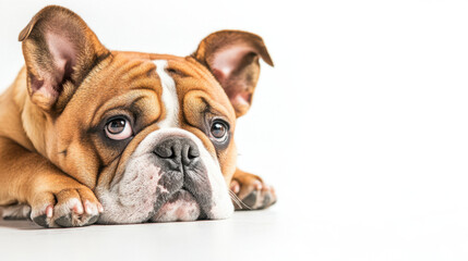 Fototapeta premium Adorable brown and white English Bulldog lying down, gazing with soulful eyes against a bright white background, capturing a moment of tranquility and charm.