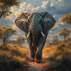 Fototapeta premium Majestic African elephant walking towards the viewer on a dirt path, surrounded by golden savanna grasslands under a dramatic sky.
