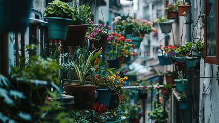 Green plants and flowers flourishing on a serene terrace. Outdoor space with nature's beauty. Gardening, relaxation, and a peaceful urban oasis