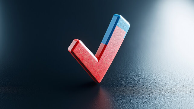 3D checkmark icon in red and blue stands out against dark background, symbolizing approval or completion
