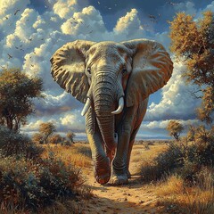 Fototapeta premium Majestic African elephant walking towards the viewer in a savanna landscape under a dramatic sky. A stunning wildlife scene.